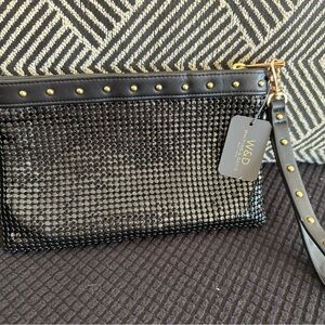 Whiting & Davis Black and Gold Studded Clutch